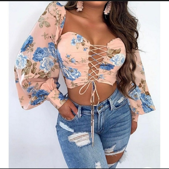 lFloral Lace-up Drawstring Crop Top Size X-Large fits like Large or Medium - Picture 3 of 4